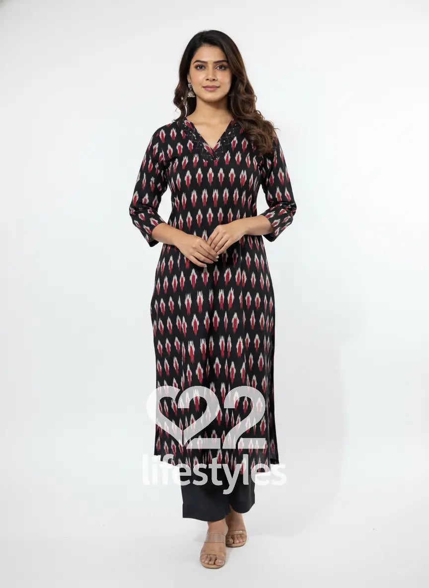 Black Ikkat Weave Readymade Salwar Suit