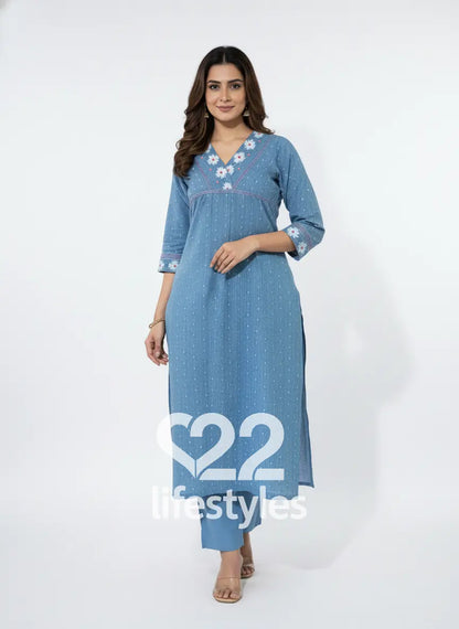 Blue Chambray Dobby Handloom Thread Work Readymade Salwar Suit