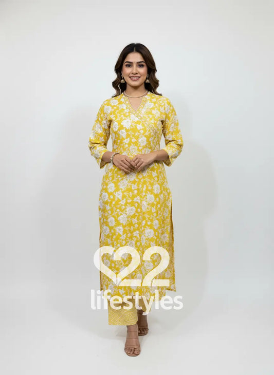 Lemon Yellow White Angrakha Readymade Salwar Suit