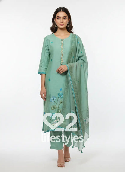 Green Linen Maheshwari Readymade Salwar Suit