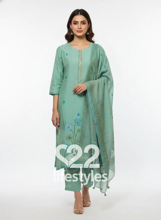 Green Linen Maheshwari Readymade Salwar Suit
