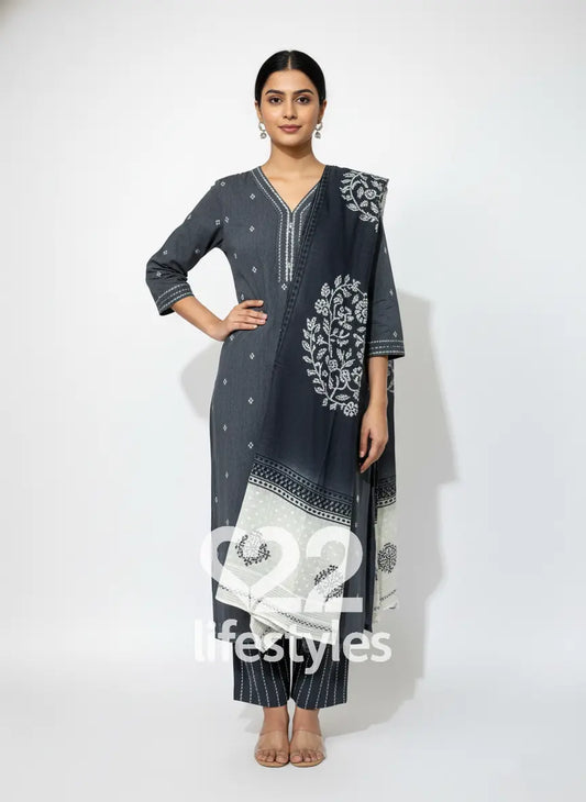 Charcoal Grey Dobby Handloom Thread Work Readymade Salwar Suit