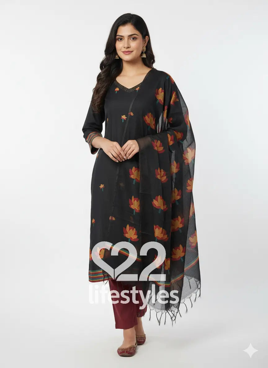 Black Jamdani Mul Chanderi  Readymade Salwar Suit