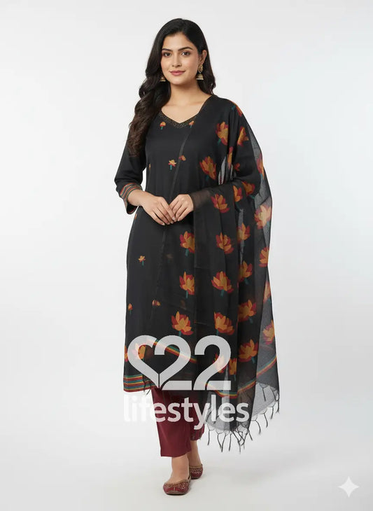 Black Jamdani Mul Chanderi  Readymade Salwar Suit