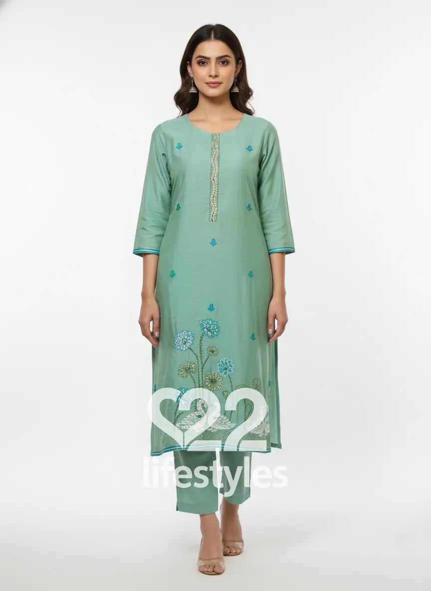 Green Linen Maheshwari Readymade Salwar Suit