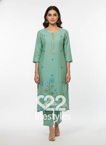 Green Linen Maheshwari Readymade Salwar Suit