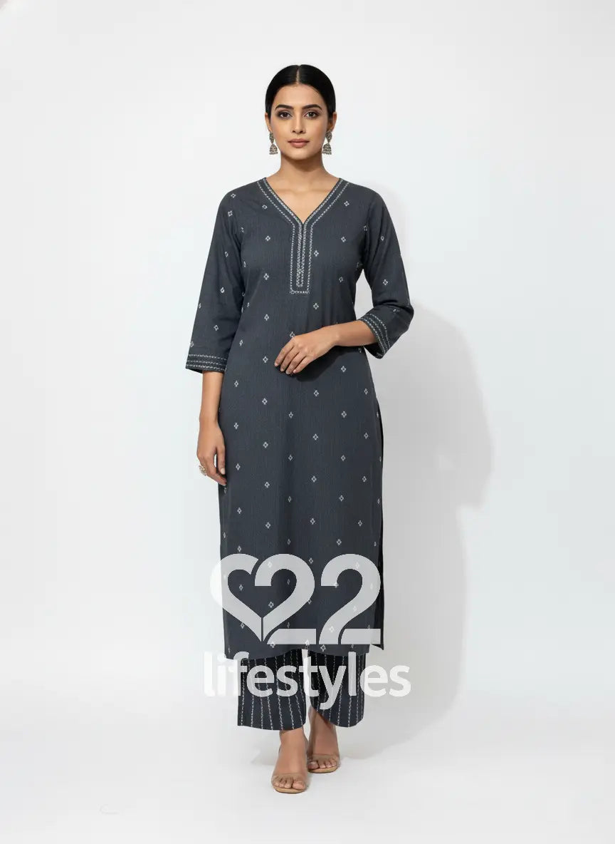 Charcoal Grey Dobby Handloom Thread Work Readymade Salwar Suit