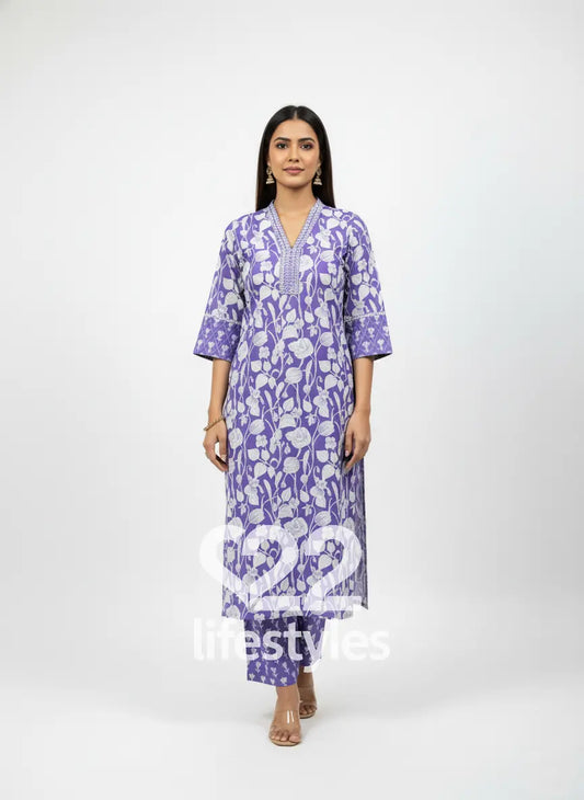 Purple Handblock Floral Readymade Salwar Suit