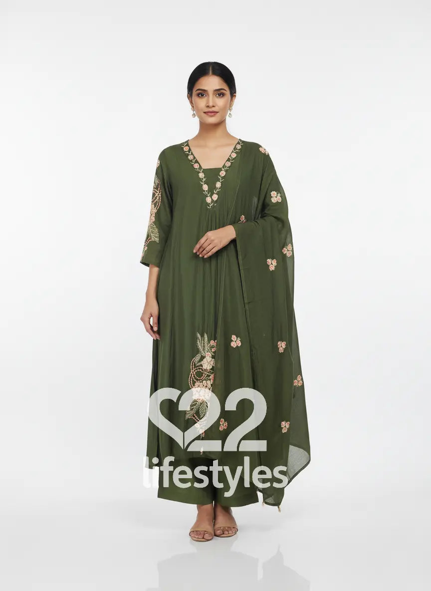 Green Mul Chanderi Readymade Anarkali Salwar Suit