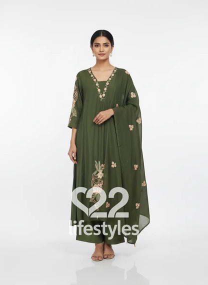 Green Mul Chanderi Readymade Anarkali Salwar Suit