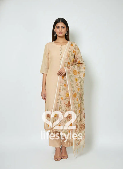 Beige Linen Readymade Salwar Suit