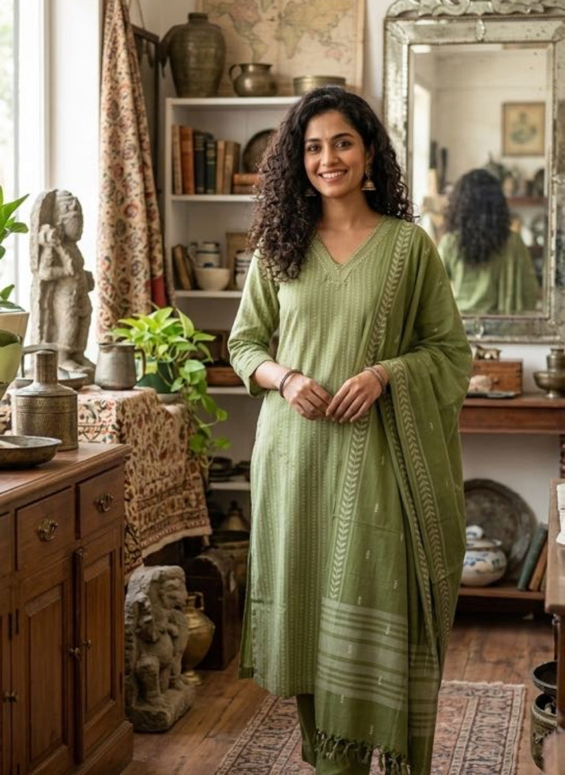 Handloom Sage Green Kurti Pant Dupatta set