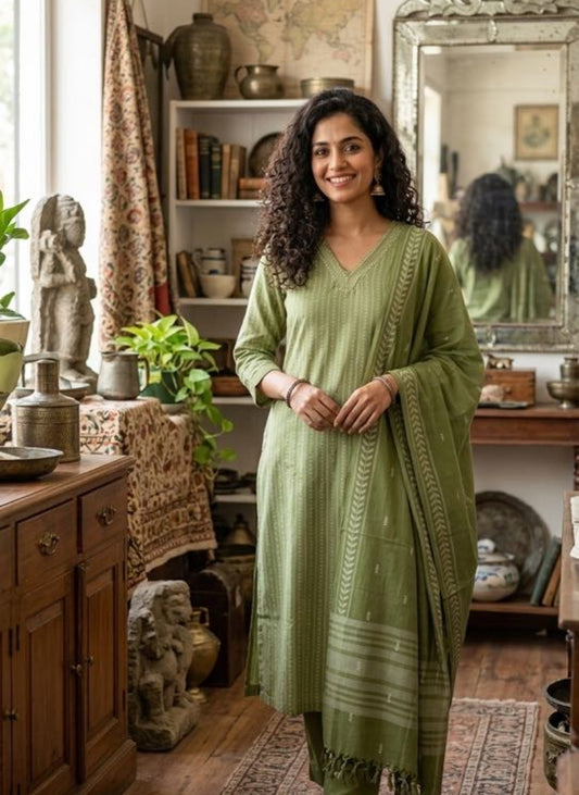 Handloom Sage Green Kurti Pant Dupatta set