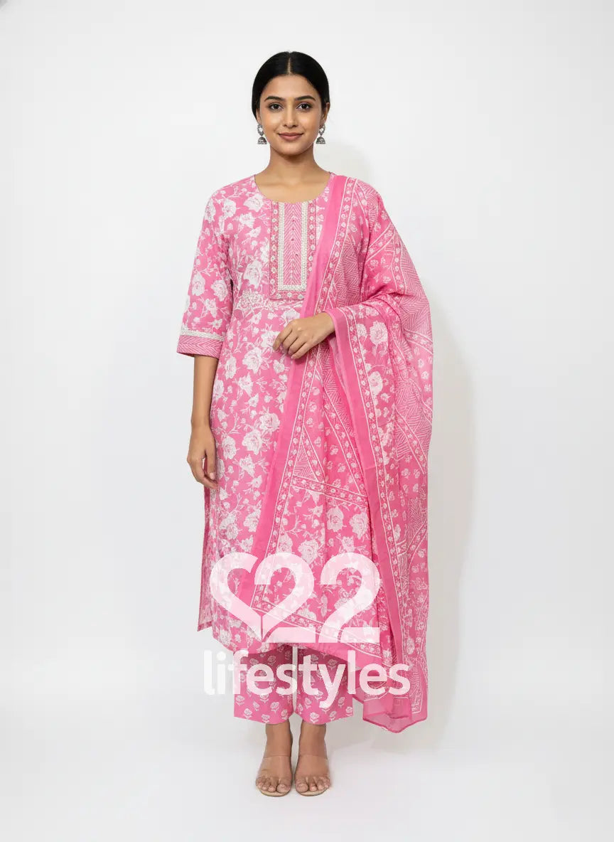 Pink Handblock Floral Readymade Salwar Suit