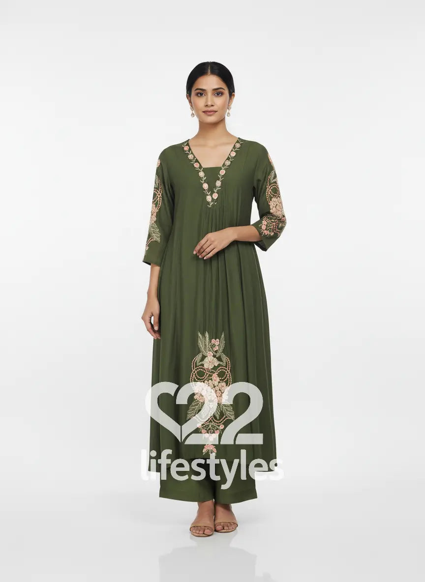 Green Mul Chanderi Readymade Anarkali Salwar Suit