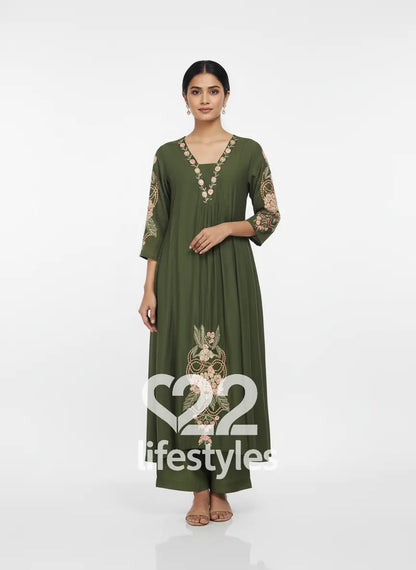 Green Mul Chanderi Readymade Anarkali Salwar Suit