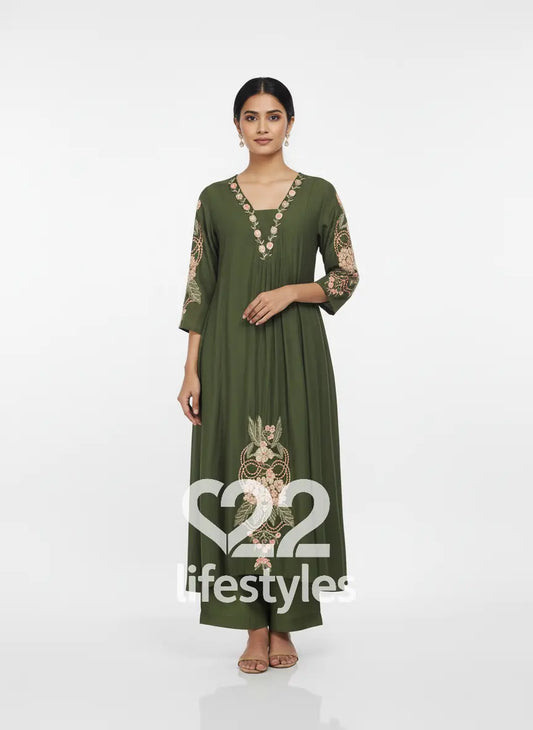 Green Mul Chanderi Readymade Anarkali Salwar Suit