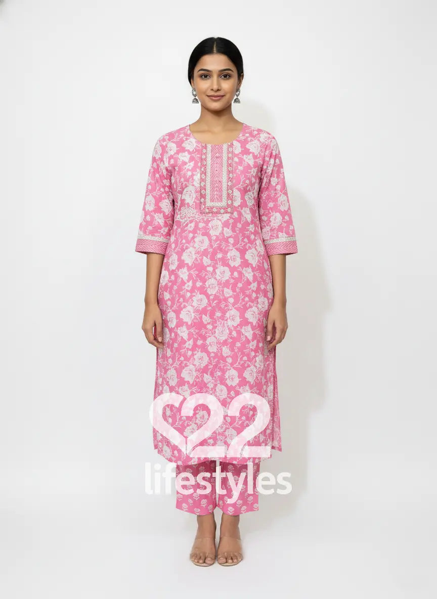 Pink Handblock Floral Readymade Salwar Suit