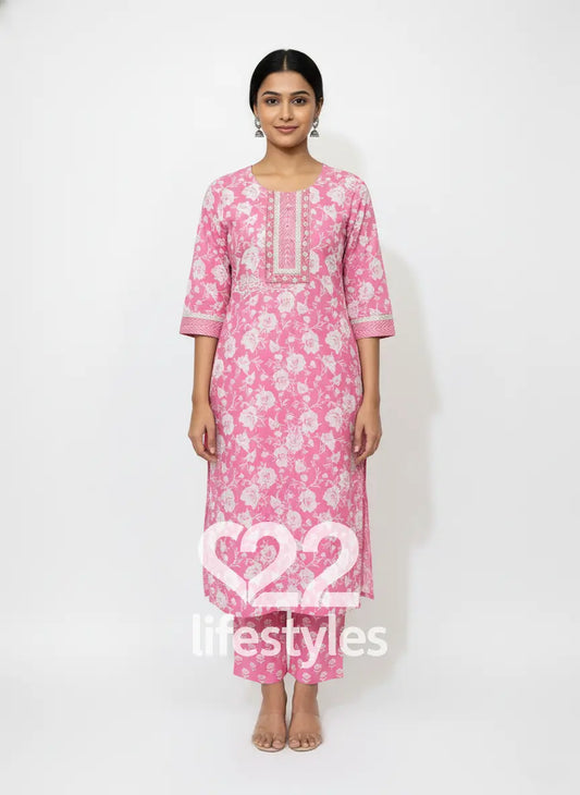 Pink Handblock Floral Readymade Salwar Suit