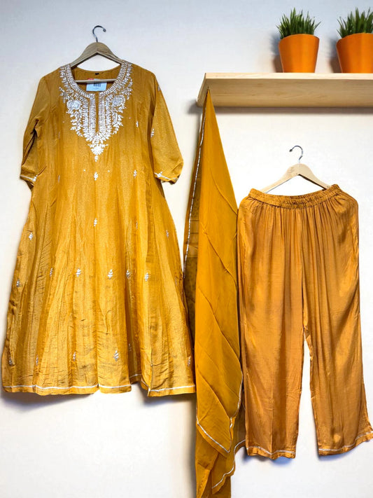 Mustard Yellow - White Thread Embroidery - Anarkali Suit