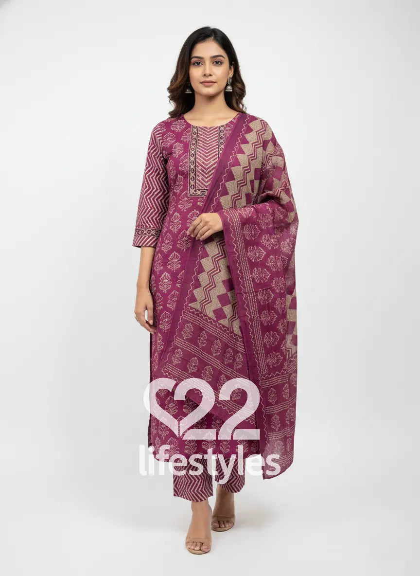 Wine Handblock Readymade Salwar Suit