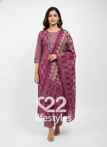 Wine Handblock Readymade Salwar Suit