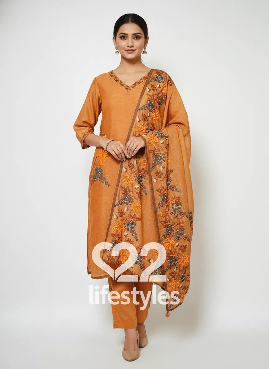 Orange Linen Readymade Salwar Suit