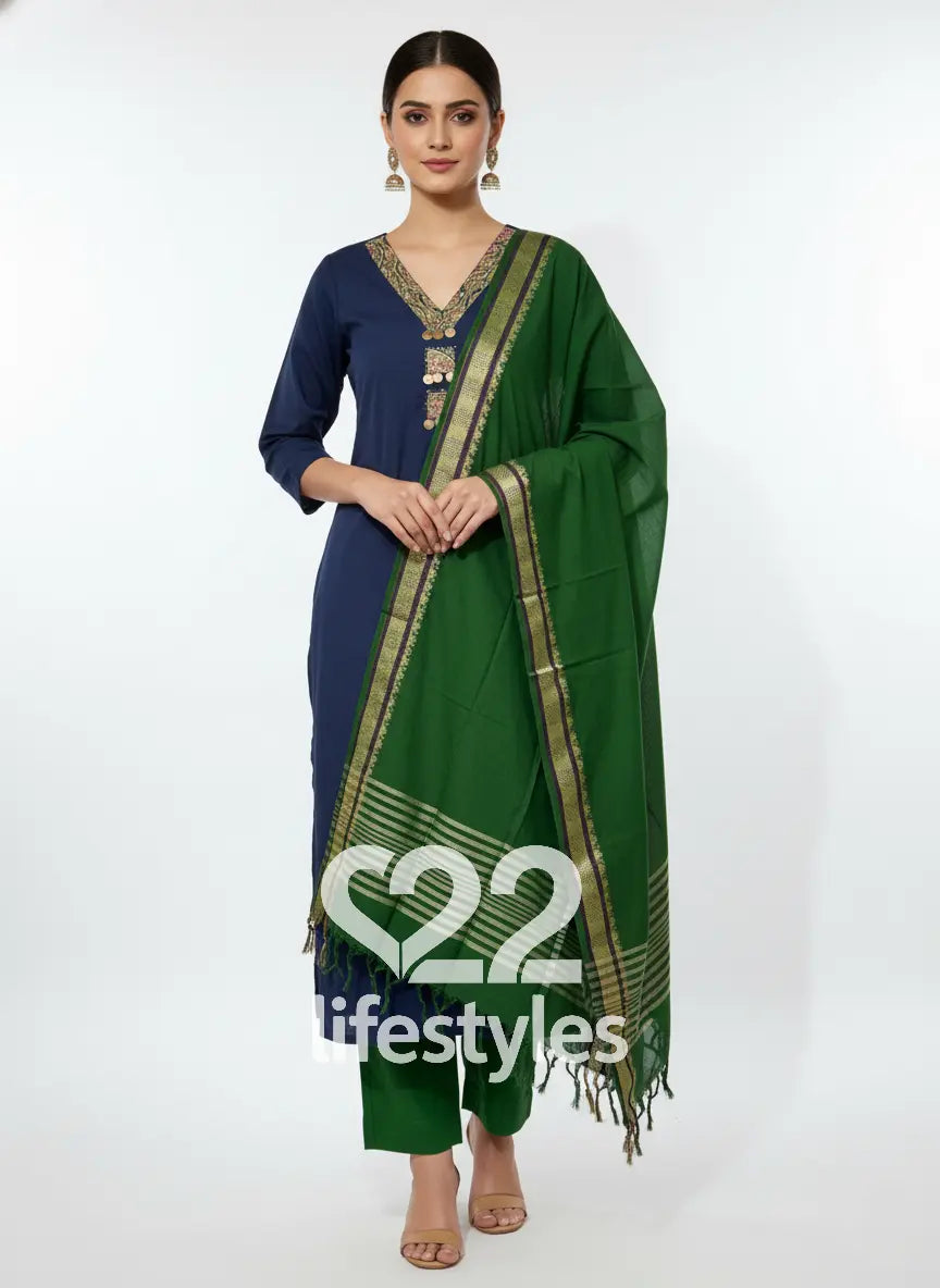 Blue Cut Work Handloom Readymade Salwar Suit