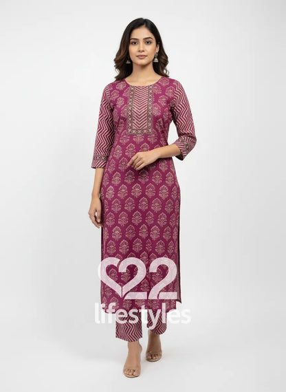 Wine Handblock Readymade Salwar Suit