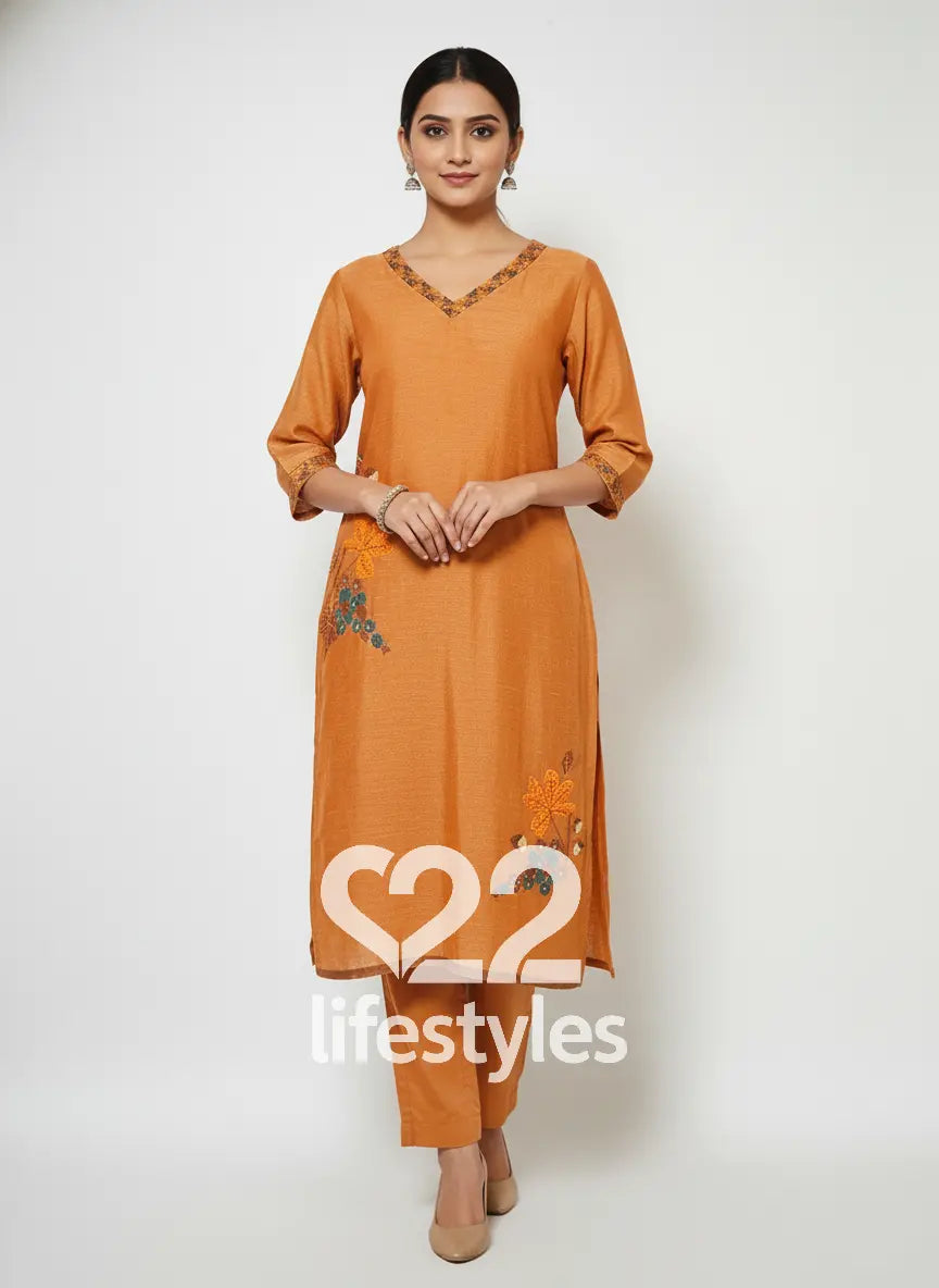 Orange Linen Readymade Salwar Suit
