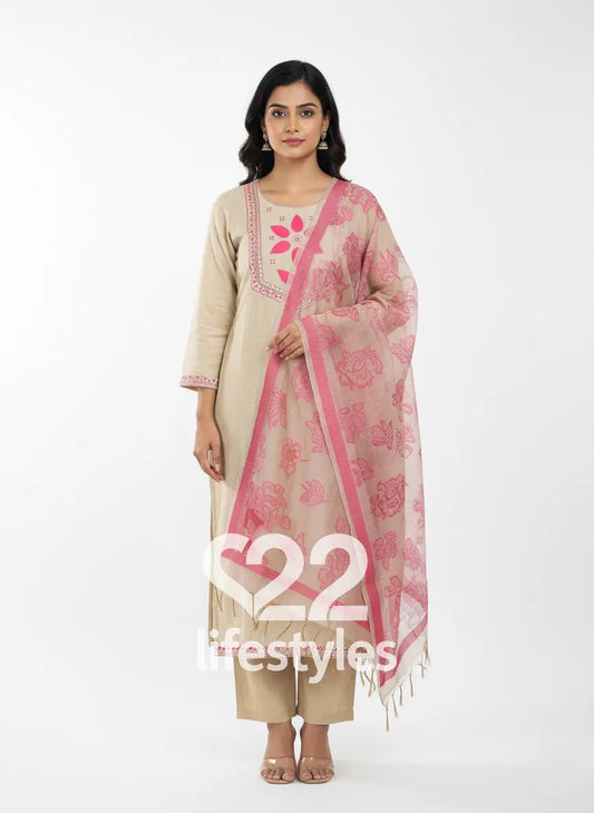 Beige Jamdani Maheshwari Readymade Salwar Suit