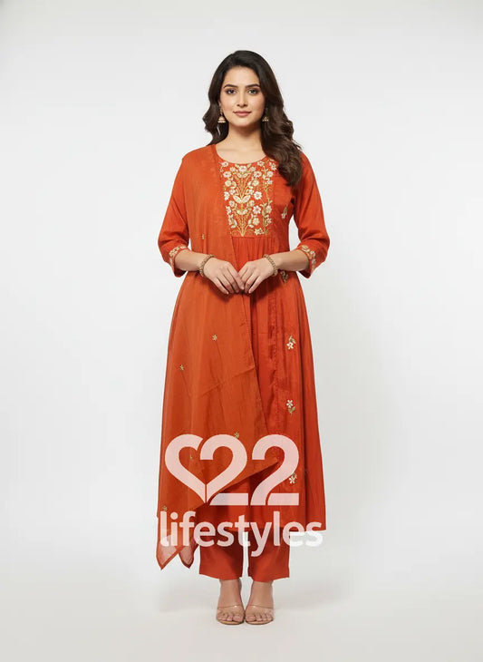 Orange Mul Chanderi Readymade Salwar Suit