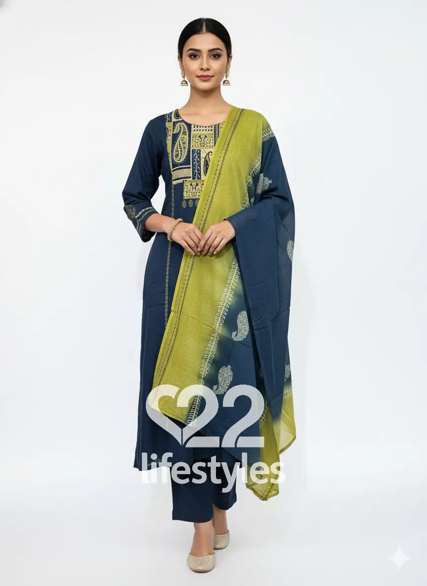 Navy Blue Threadwork Yoke Readymade Salwar Suit