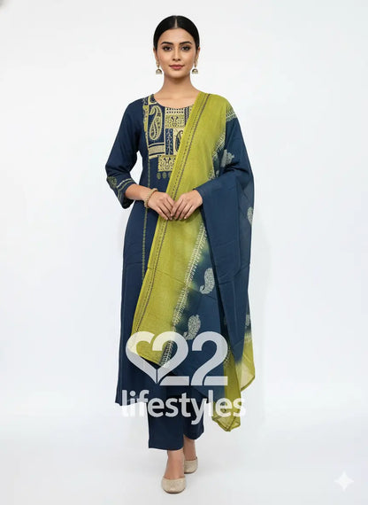 Navy Blue Threadwork Yoke Readymade Salwar Suit