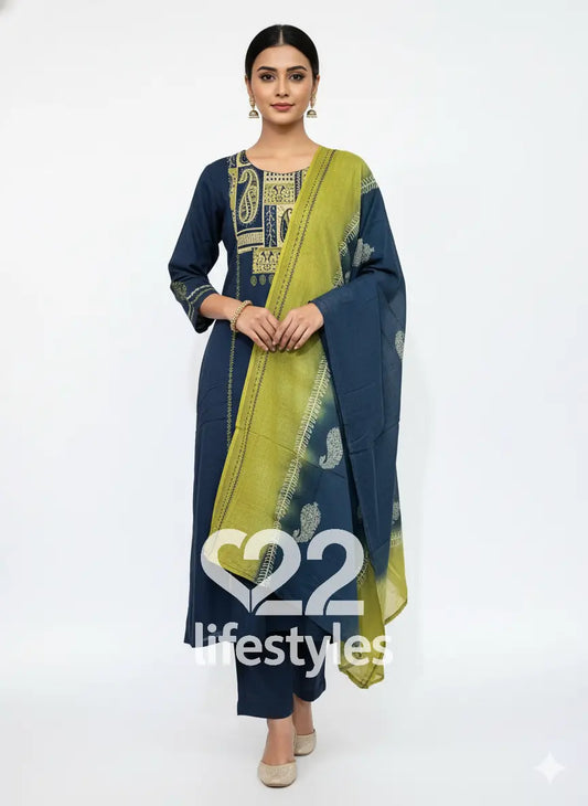 Navy Blue Threadwork Yoke Readymade Salwar Suit