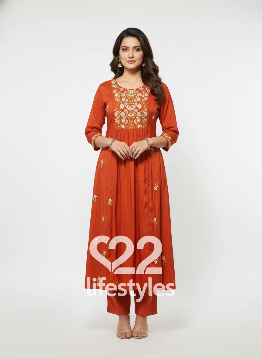 Orange Mul Chanderi Readymade Salwar Suit