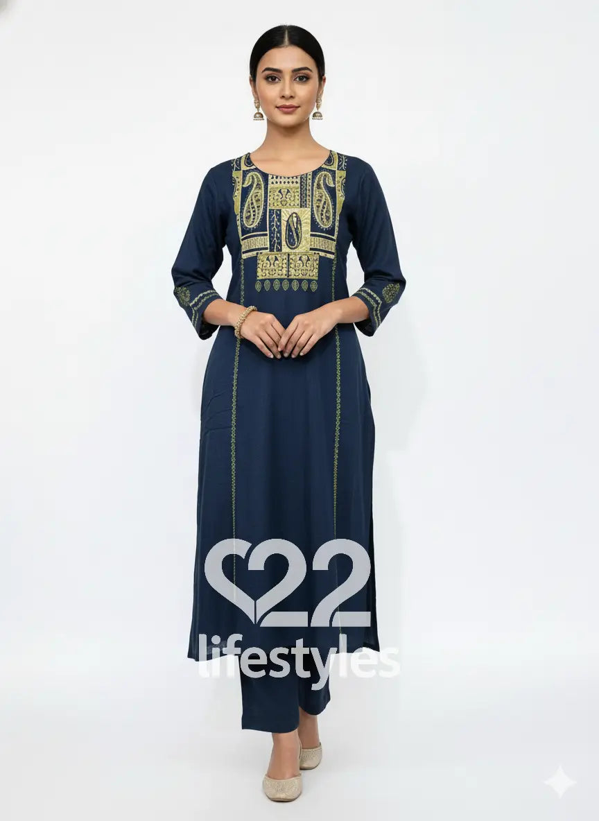 Navy Blue Threadwork Yoke Readymade Salwar Suit