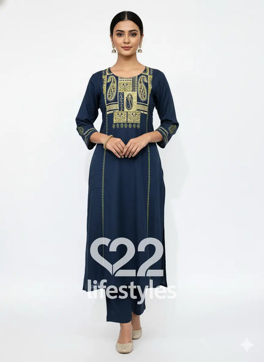 Navy Blue Threadwork Yoke Readymade Salwar Suit
