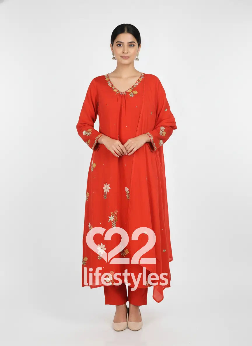 Orange Mul Chanderi Readymade Anarkali Salwar Suit