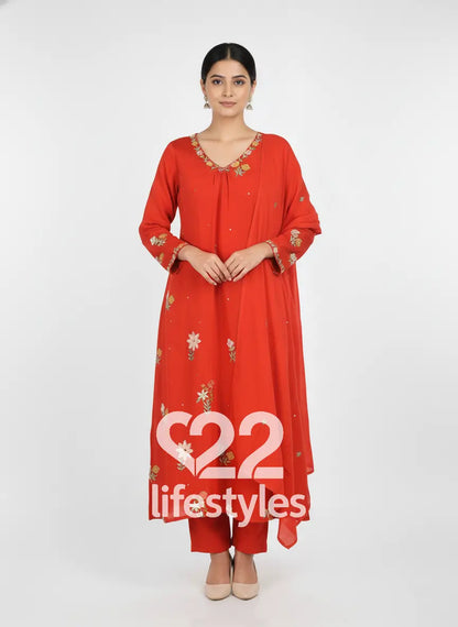 Orange Mul Chanderi Readymade Anarkali Salwar Suit