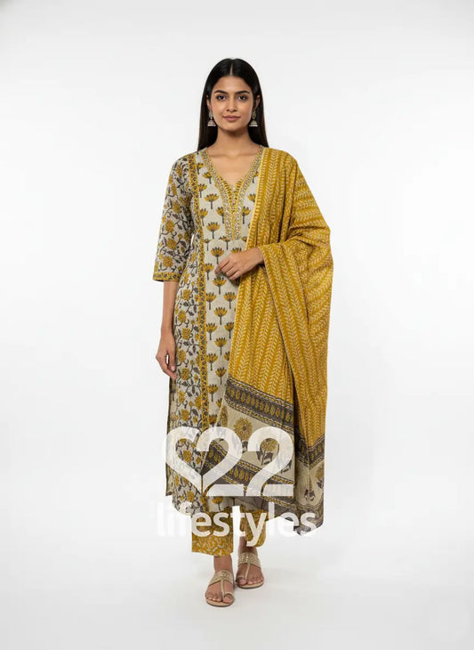 Mustard Ash Grey Handblock Floral Readymade Salwar Suit