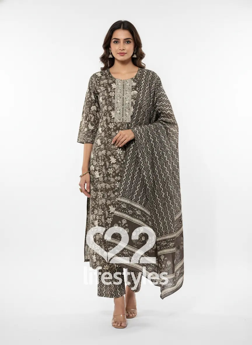 Brown With Off White Floral and Geometric Block Prints