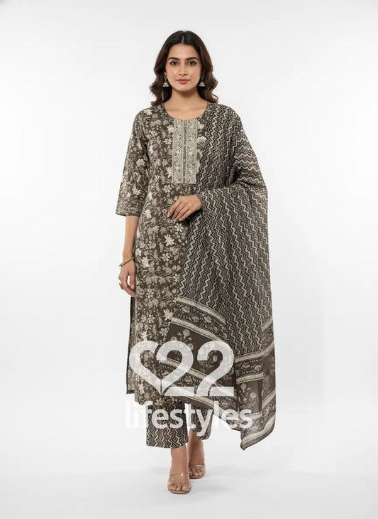 Brown With Off White Floral and Geometric Block Prints