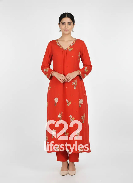 Orange Mul Chanderi Readymade Anarkali Salwar Suit