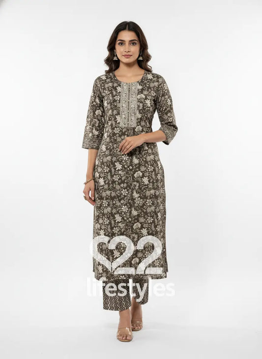 Brown With Off White Floral and Geometric Block Prints