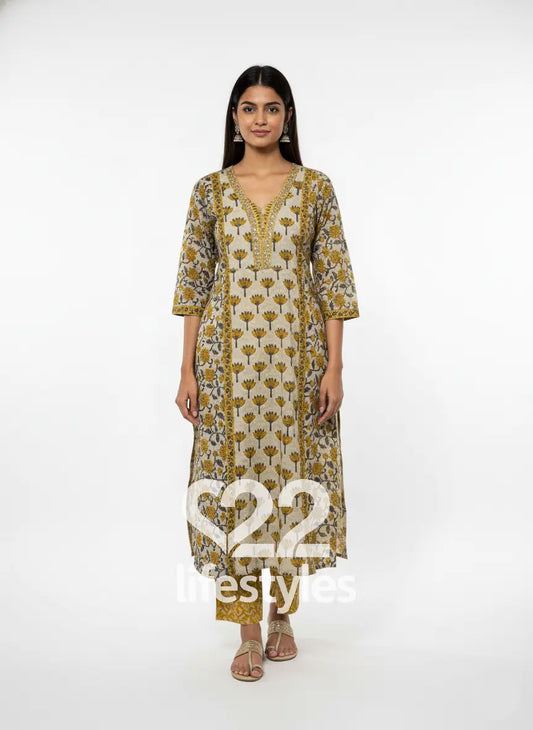 Mustard Ash Grey Handblock Floral Readymade Salwar Suit