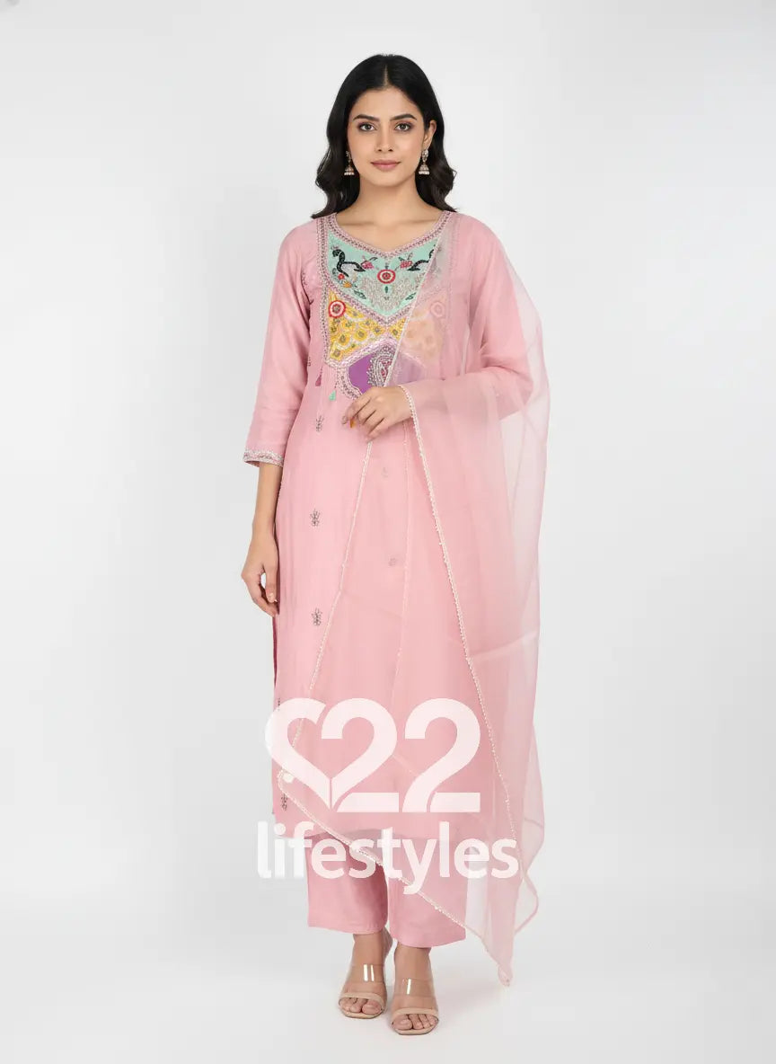 Blush Pink Embroidered Yoke Mirror & Sequin Salwar Suit