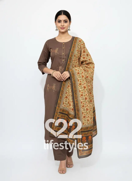 Brown Kantha Work Readymade Salwar Suit