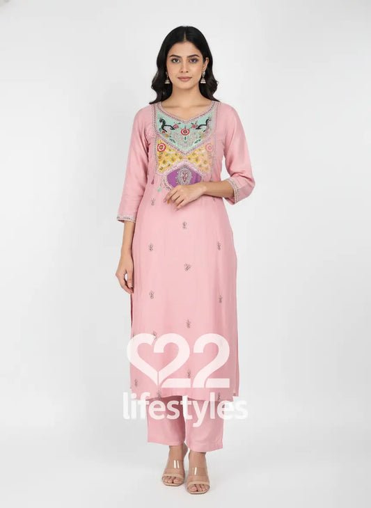 Blush Pink Embroidered Yoke Mirror & Sequin Salwar Suit