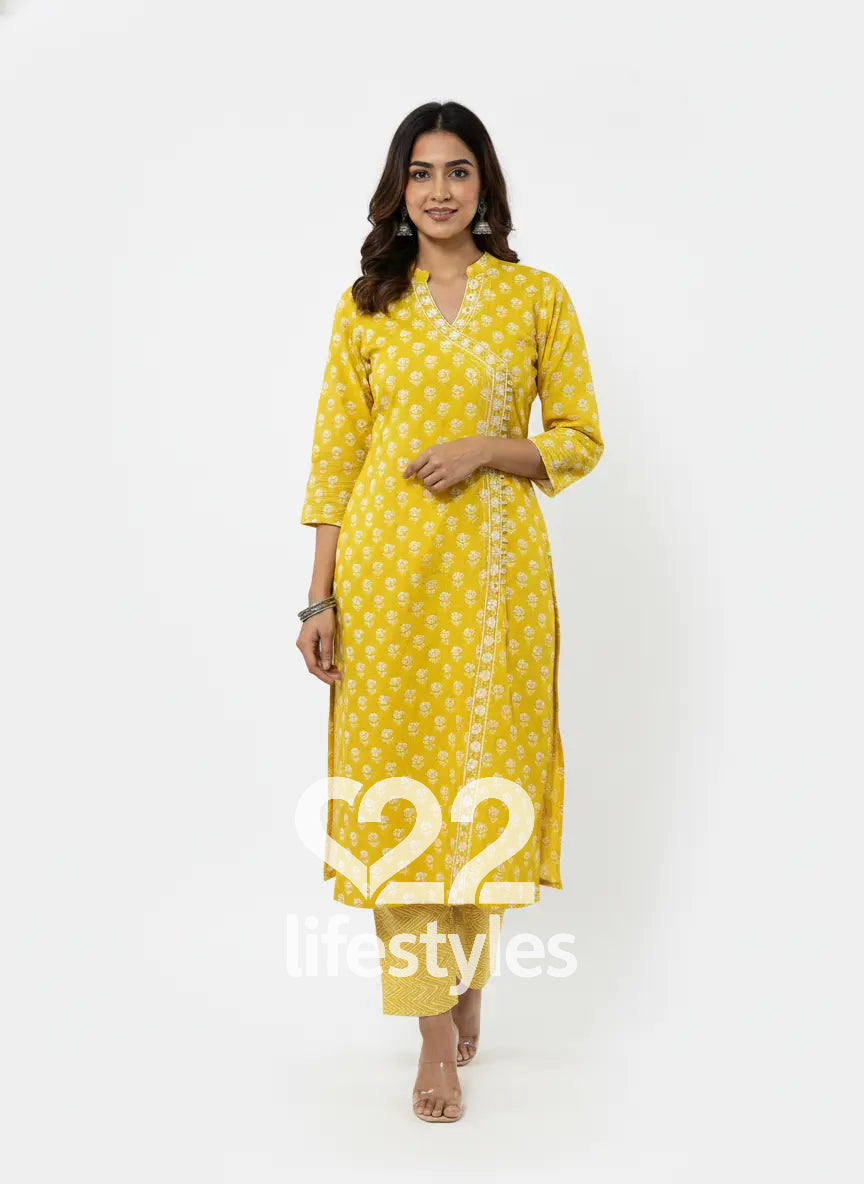Yellow Cotton Angrakha Readymade Salwar Suit